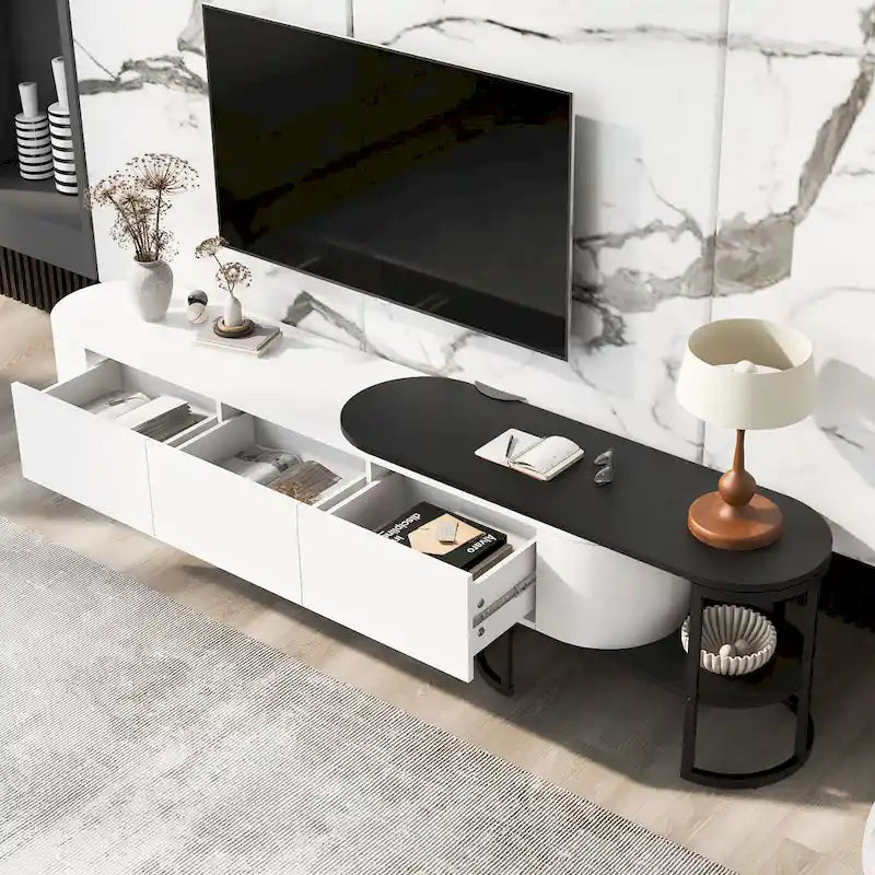67,7 à 76,4Support TV extensible pour téléviseurs jusqu'à 75 pouces, meuble TV console média avec 3 tiroirs, pieds métalliques réglables