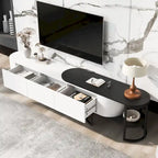 67,7 à 76,4Support TV extensible pour téléviseurs jusqu'à 75 pouces, meuble TV console média avec 3 tiroirs, pieds métalliques réglables