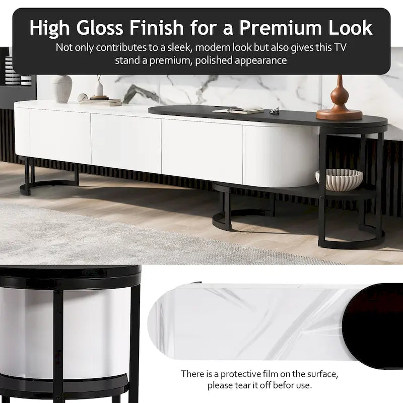 67,7 à 76,4Support TV extensible pour téléviseurs jusqu'à 75 pouces, meuble TV console média avec 3 tiroirs, pieds métalliques réglables