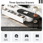 67,7 à 76,4Support TV extensible pour téléviseurs jusqu'à 75 pouces, meuble TV console média avec 3 tiroirs, pieds métalliques réglables