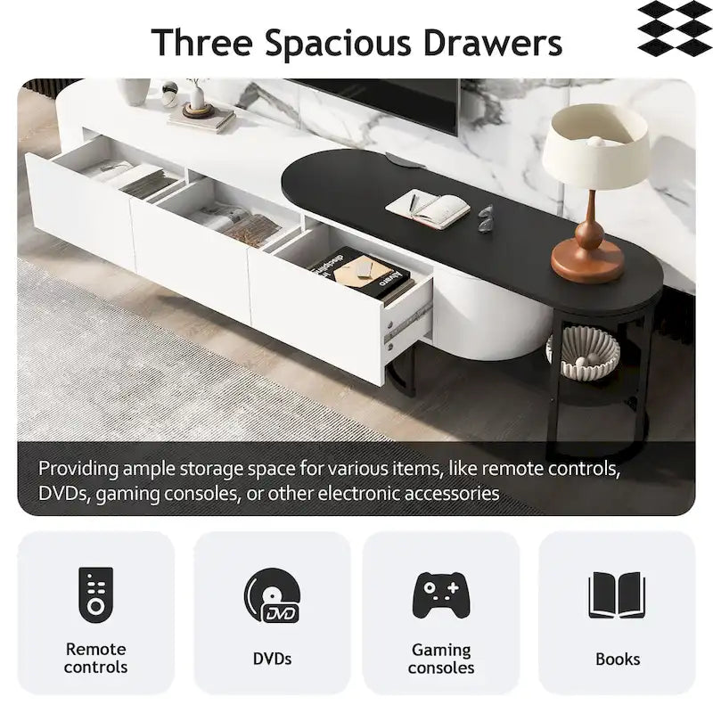 67,7 à 76,4Support TV extensible pour téléviseurs jusqu'à 75 pouces, meuble TV console média avec 3 tiroirs, pieds métalliques réglables
