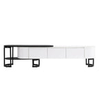 67,7 à 76,4Support TV extensible pour téléviseurs jusqu'à 75 pouces, meuble TV console média avec 3 tiroirs, pieds métalliques réglables
