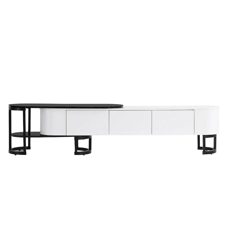 67,7 à 76,4Support TV extensible pour téléviseurs jusqu'à 75 pouces, meuble TV console média avec 3 tiroirs, pieds métalliques réglables