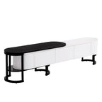 67,7 à 76,4Support TV extensible pour téléviseurs jusqu'à 75 pouces, meuble TV console média avec 3 tiroirs, pieds métalliques réglables