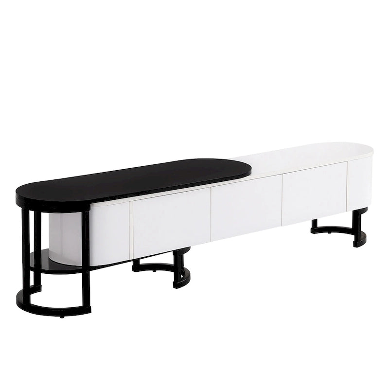 67,7 à 76,4Support TV extensible pour téléviseurs jusqu'à 75 pouces, meuble TV console média avec 3 tiroirs, pieds métalliques réglables