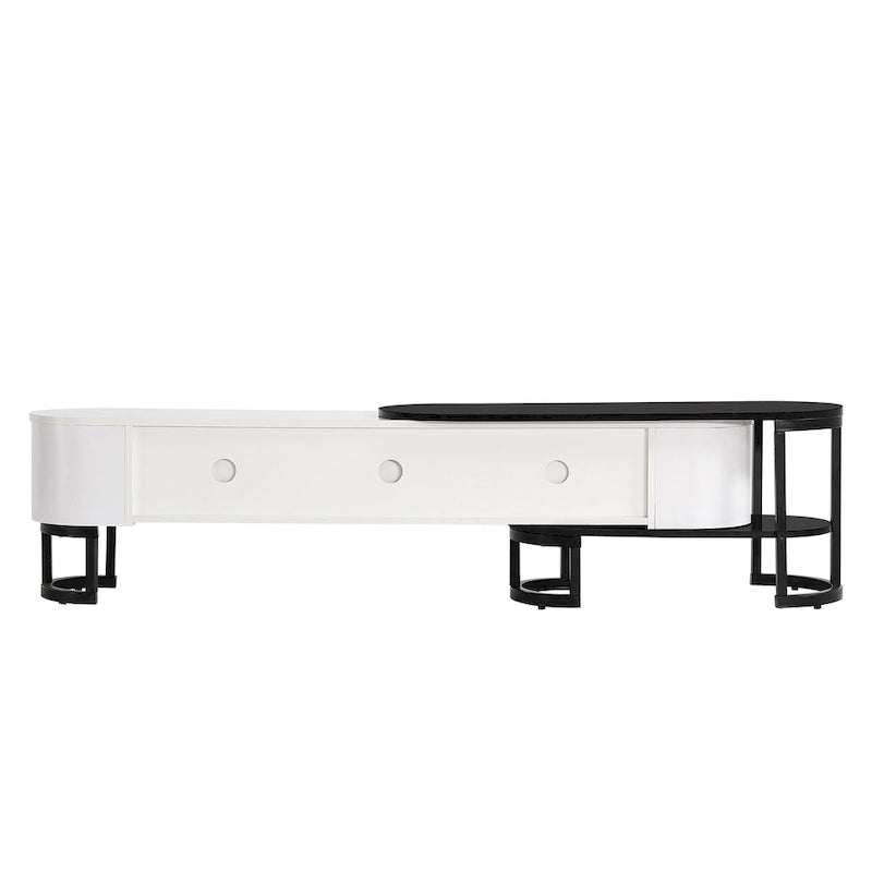 67,7 à 76,4Support TV extensible pour téléviseurs jusqu'à 75 pouces, meuble TV console média avec 3 tiroirs, pieds métalliques réglables