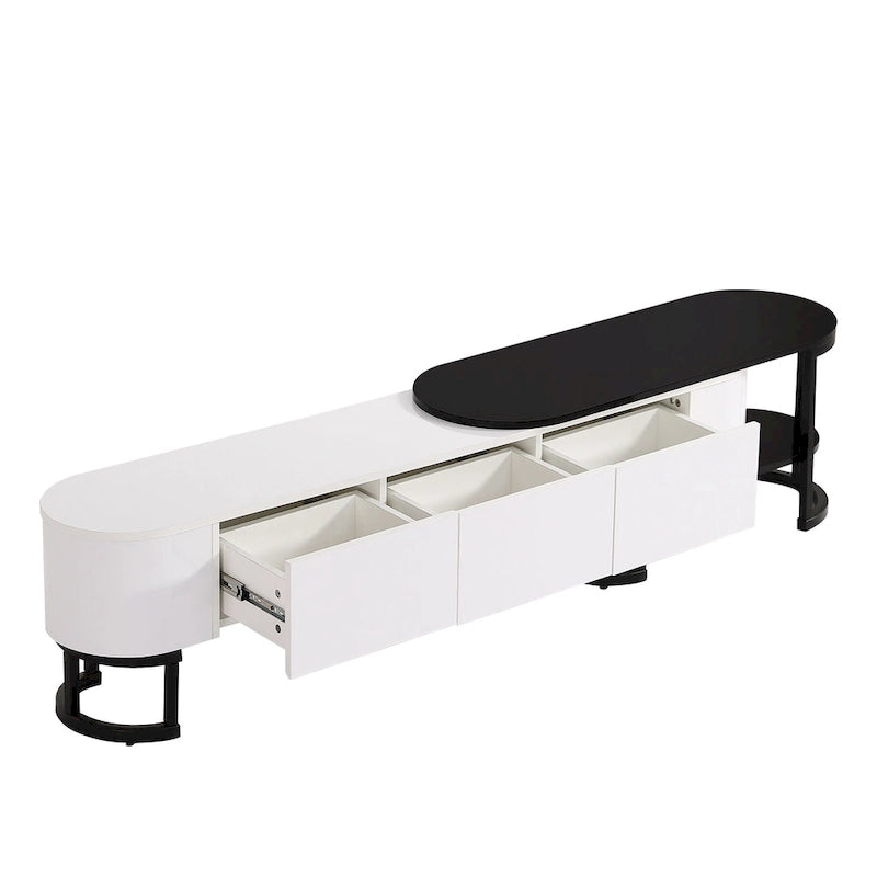 67,7 à 76,4Support TV extensible pour téléviseurs jusqu'à 75 pouces, meuble TV console média avec 3 tiroirs, pieds métalliques réglables