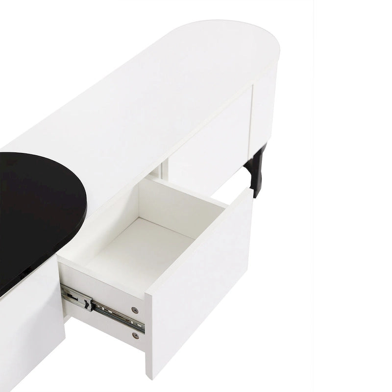 67,7 à 76,4Support TV extensible pour téléviseurs jusqu'à 75 pouces, meuble TV console média avec 3 tiroirs, pieds métalliques réglables