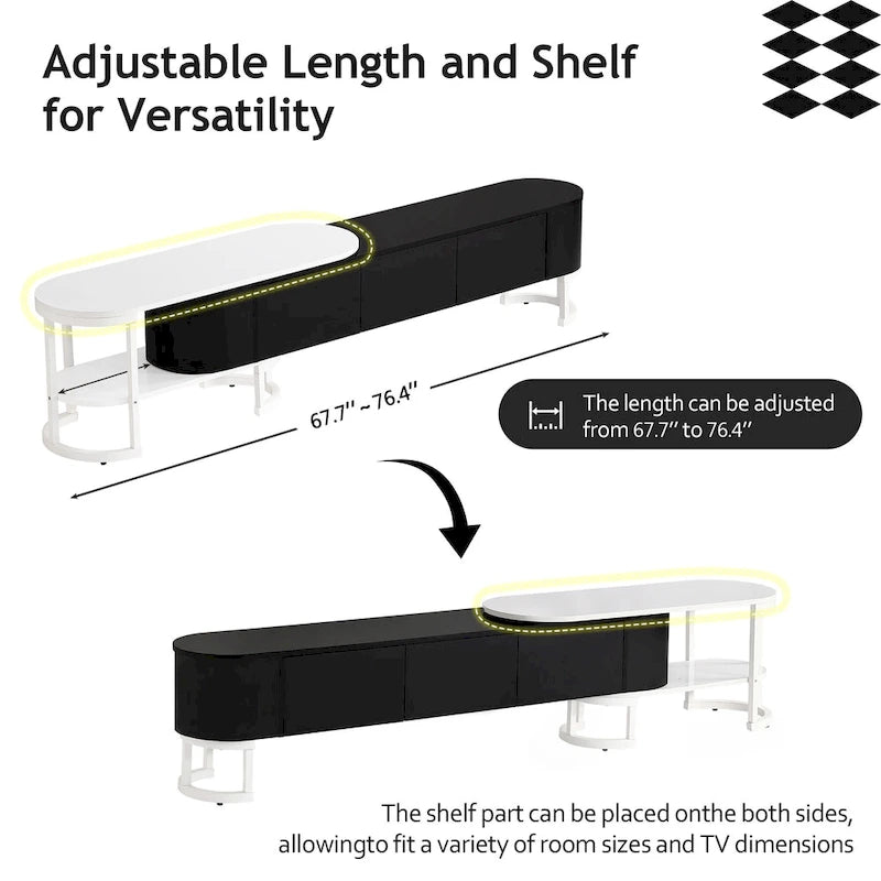 67,7 à 76,4Support TV extensible pour téléviseurs jusqu'à 75 pouces, meuble TV console média avec 3 tiroirs, pieds métalliques réglables