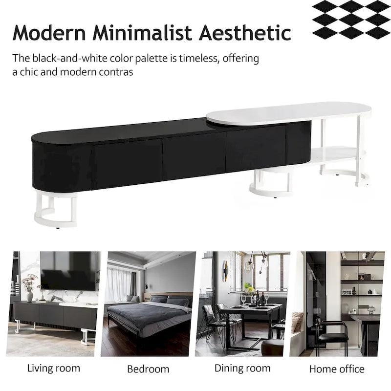 67,7 à 76,4Support TV extensible pour téléviseurs jusqu'à 75 pouces, meuble TV console média avec 3 tiroirs, pieds métalliques réglables