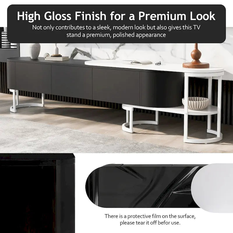 67,7 à 76,4Support TV extensible pour téléviseurs jusqu'à 75 pouces, meuble TV console média avec 3 tiroirs, pieds métalliques réglables