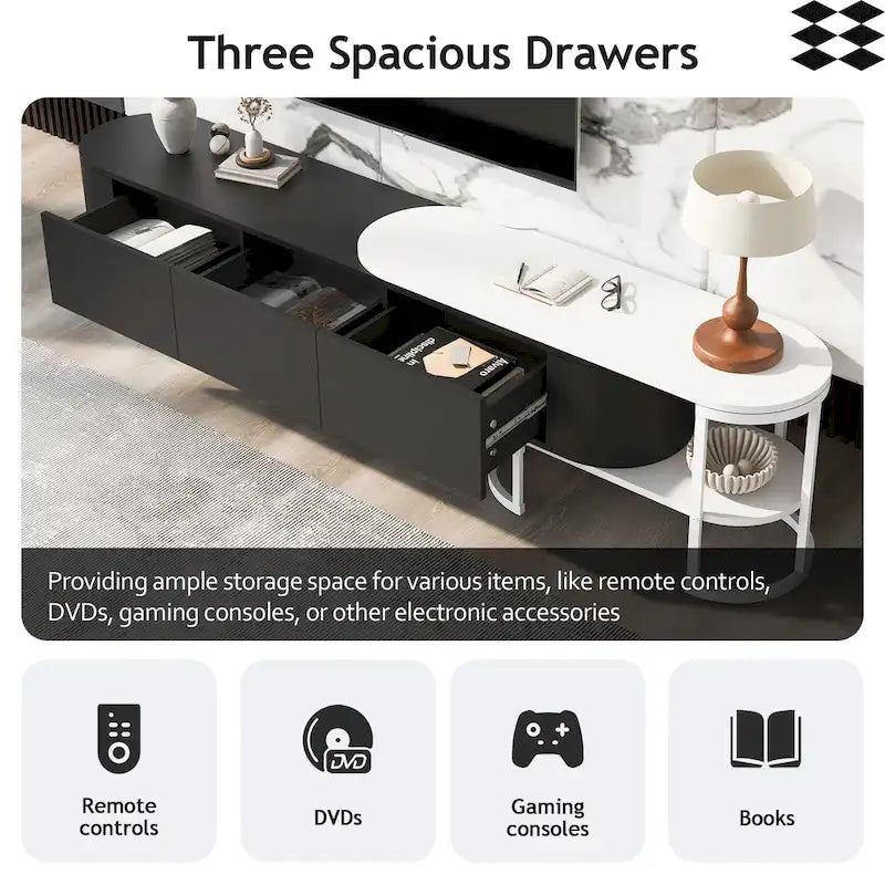 67,7 à 76,4Support TV extensible pour téléviseurs jusqu'à 75 pouces, meuble TV console média avec 3 tiroirs, pieds métalliques réglables