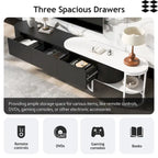 67,7 à 76,4Support TV extensible pour téléviseurs jusqu'à 75 pouces, meuble TV console média avec 3 tiroirs, pieds métalliques réglables