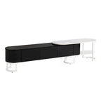67,7 à 76,4Support TV extensible pour téléviseurs jusqu'à 75 pouces, meuble TV console média avec 3 tiroirs, pieds métalliques réglables