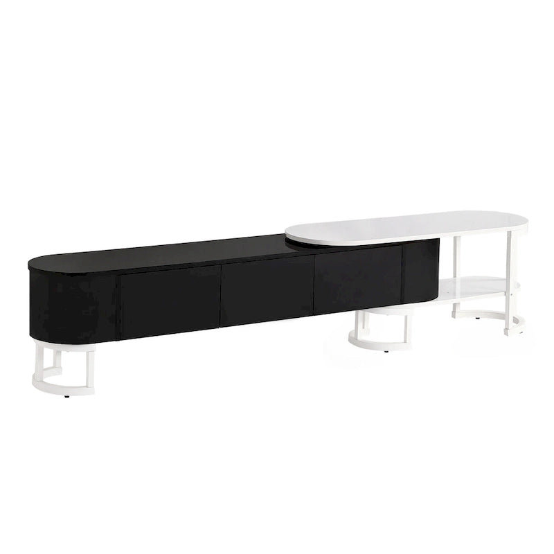67,7 à 76,4Support TV extensible pour téléviseurs jusqu'à 75 pouces, meuble TV console média avec 3 tiroirs, pieds métalliques réglables
