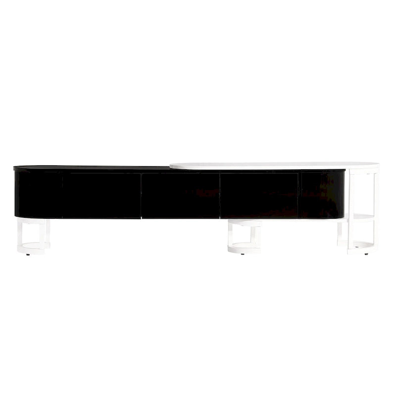 67,7 à 76,4Support TV extensible pour téléviseurs jusqu'à 75 pouces, meuble TV console média avec 3 tiroirs, pieds métalliques réglables