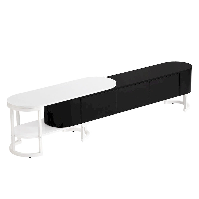 67,7 à 76,4Support TV extensible pour téléviseurs jusqu'à 75 pouces, meuble TV console média avec 3 tiroirs, pieds métalliques réglables