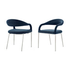 HomeRoots Lot de deux chaises de salle à manger avec accoudoirs, dossier ouvert, en polyester capitonné, bleu et argent
