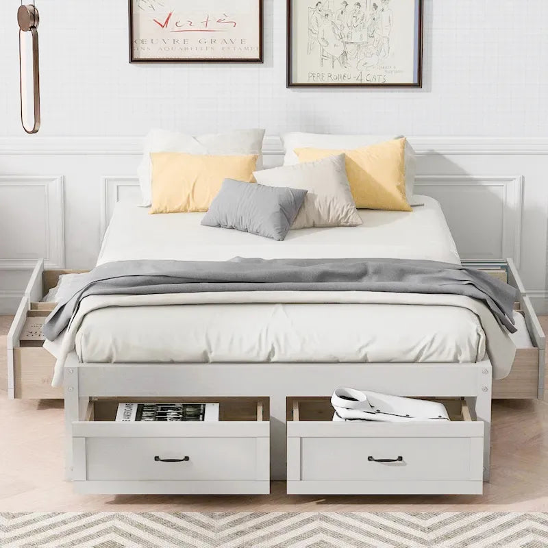 Lit plateforme pleine grandeur avec 6 tiroirs de rangement, blanc antique, design élégant pour l'organisation de la chambre à coucher
