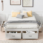 Lit plateforme pleine grandeur avec 6 tiroirs de rangement, blanc antique, design élégant pour l'organisation de la chambre à coucher