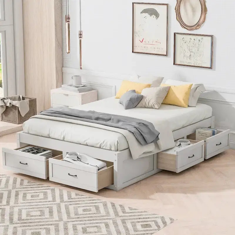 Lit plateforme pleine grandeur avec 6 tiroirs de rangement, blanc antique, design élégant pour l'organisation de la chambre à coucher