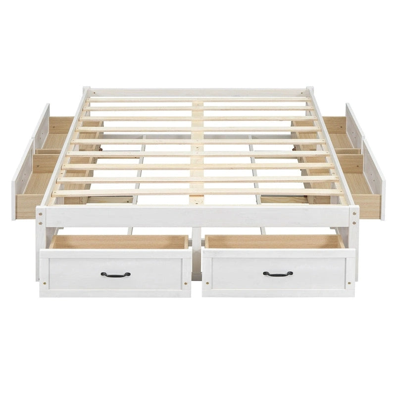 Lit plateforme pleine grandeur avec 6 tiroirs de rangement, blanc antique, design élégant pour l'organisation de la chambre à coucher