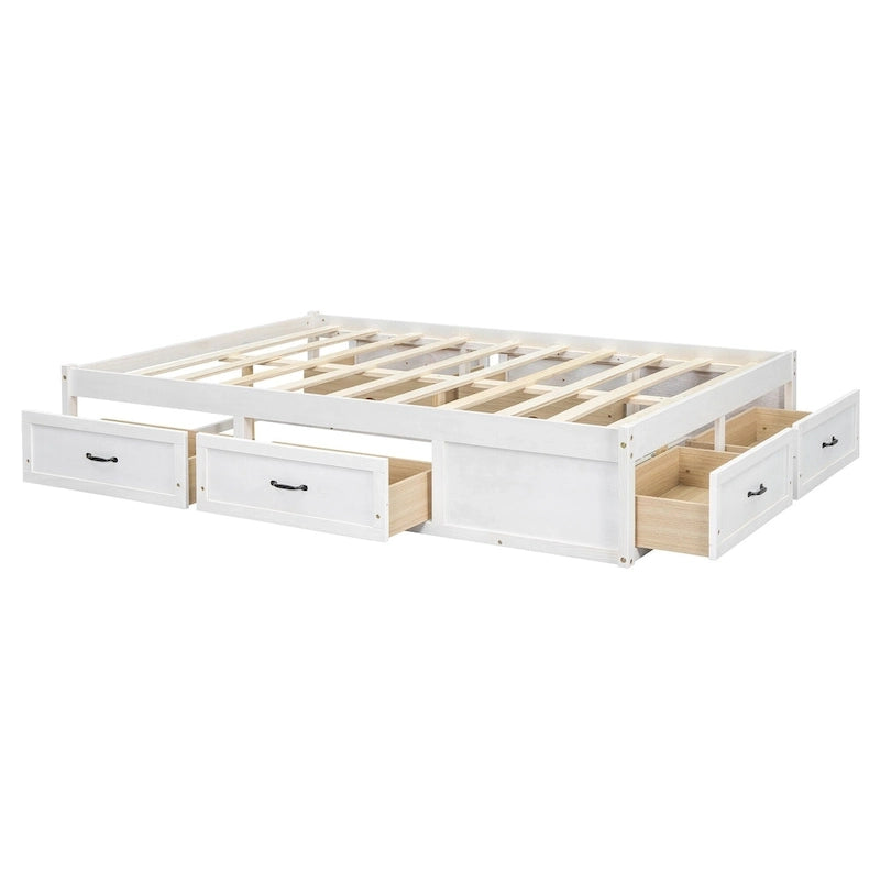Lit plateforme pleine grandeur avec 6 tiroirs de rangement, blanc antique, design élégant pour l'organisation de la chambre à coucher