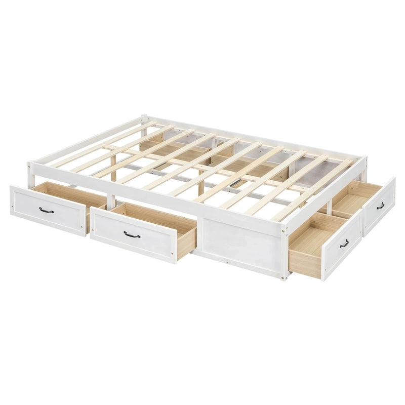 Lit plateforme pleine grandeur avec 6 tiroirs de rangement, blanc antique, design élégant pour l'organisation de la chambre à coucher
