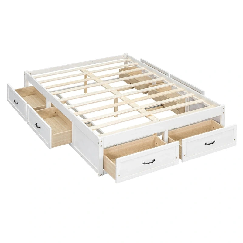 Lit plateforme pleine grandeur avec 6 tiroirs de rangement, blanc antique, design élégant pour l'organisation de la chambre à coucher