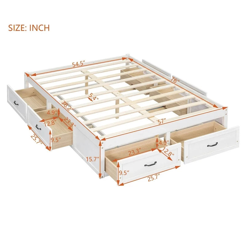 Lit plateforme pleine grandeur avec 6 tiroirs de rangement, blanc antique, design élégant pour l'organisation de la chambre à coucher