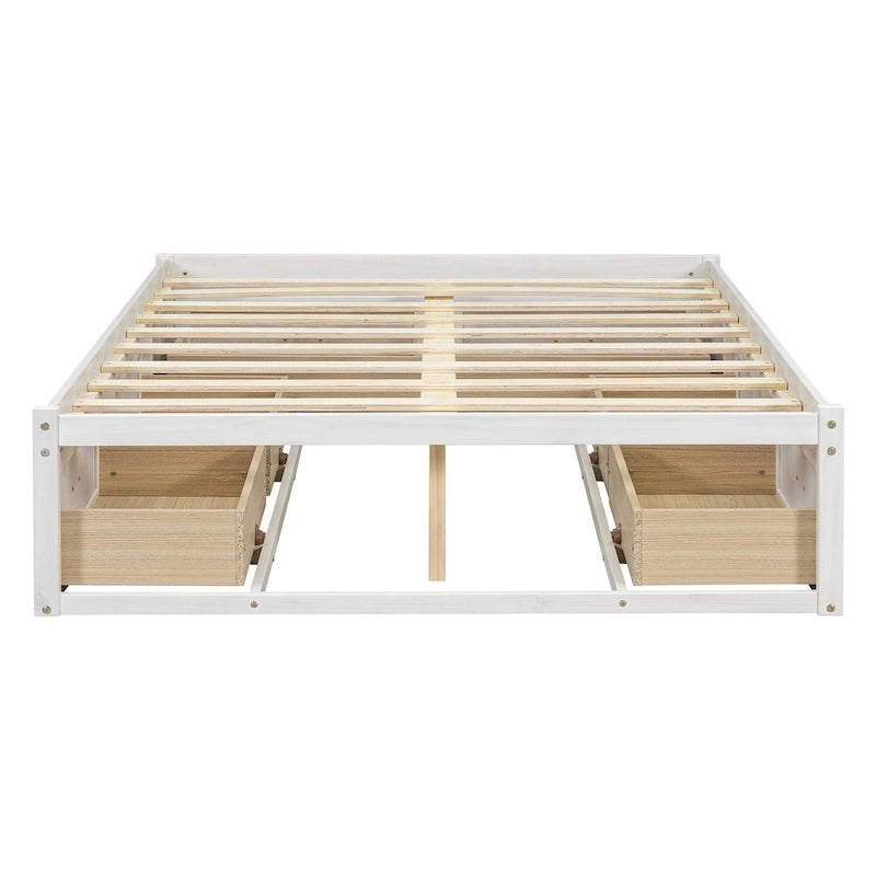 Lit plateforme pleine grandeur avec 6 tiroirs de rangement, blanc antique, design élégant pour l'organisation de la chambre à coucher