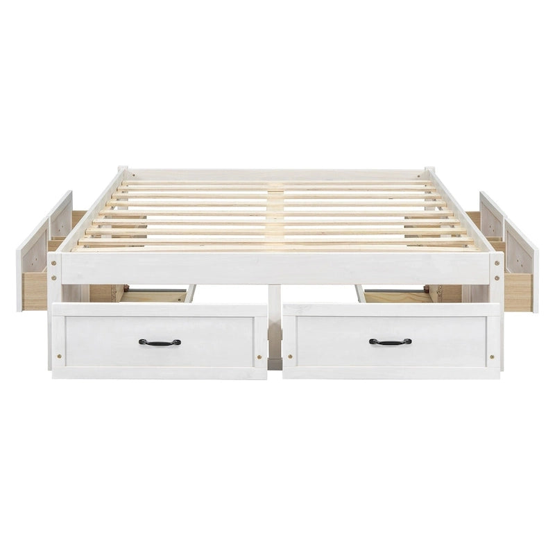 Lit plateforme pleine grandeur avec 6 tiroirs de rangement, blanc antique, design élégant pour l'organisation de la chambre à coucher