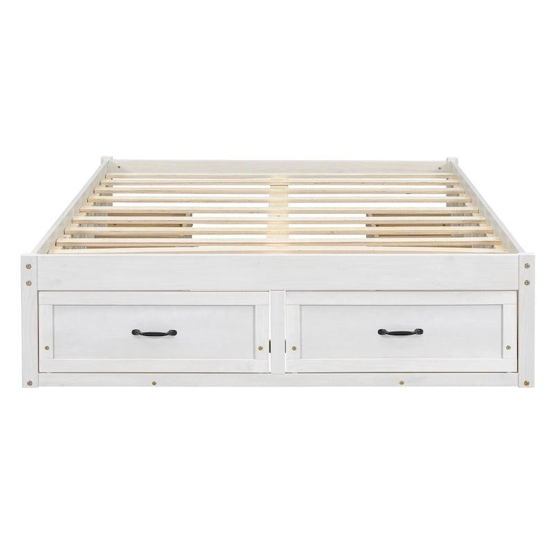 Lit plateforme pleine grandeur avec 6 tiroirs de rangement, blanc antique, design élégant pour l'organisation de la chambre à coucher
