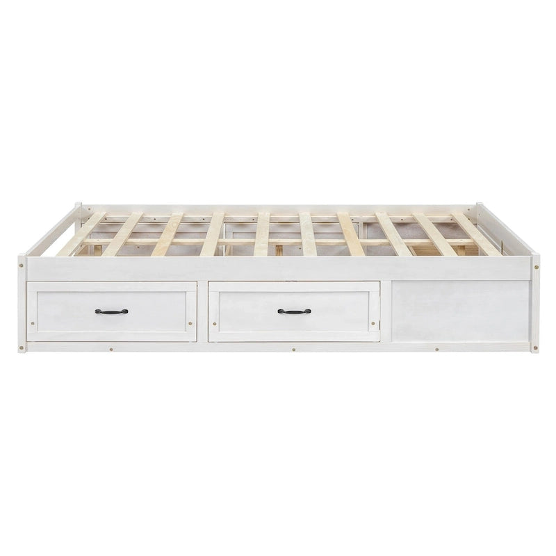 Lit plateforme pleine grandeur avec 6 tiroirs de rangement, blanc antique, design élégant pour l'organisation de la chambre à coucher
