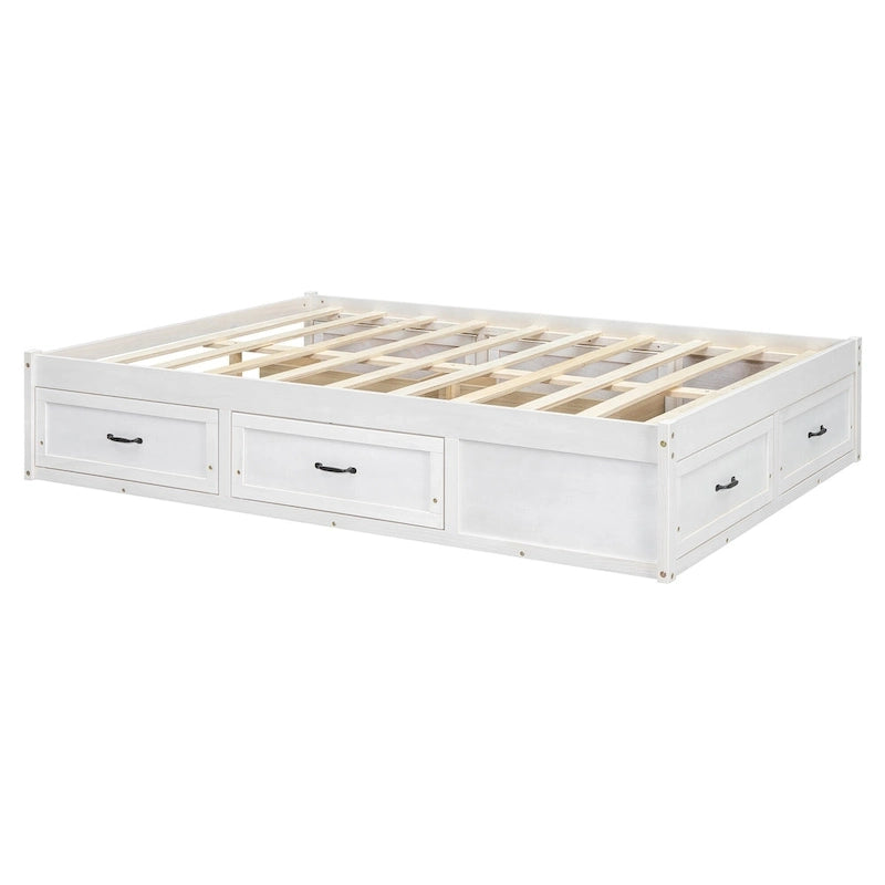 Lit plateforme pleine grandeur avec 6 tiroirs de rangement, blanc antique, design élégant pour l'organisation de la chambre à coucher