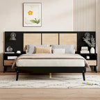 Cadre de lit Queen Size en bois massif avec 2 tables de chevet, lampes intégrées, design rotin et bois, noir