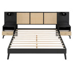 Cadre de lit Queen Size en bois massif avec 2 tables de chevet, lampes intégrées, design rotin et bois, noir