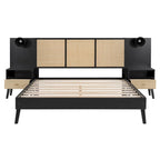 Cadre de lit Queen Size en bois massif avec 2 tables de chevet, lampes intégrées, design rotin et bois, noir