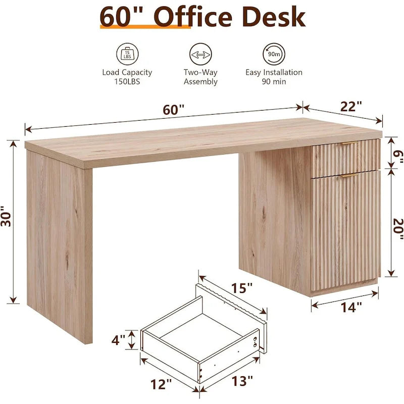 Bureau de direction moderne 60 pouces, bureau d'ordinateur en bois pour bureau à domicile, bureau cannelé