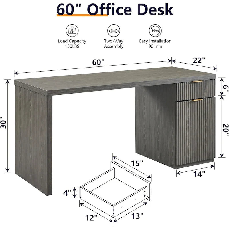 Bureau de direction moderne 60 pouces, bureau d'ordinateur en bois pour bureau à domicile, bureau cannelé