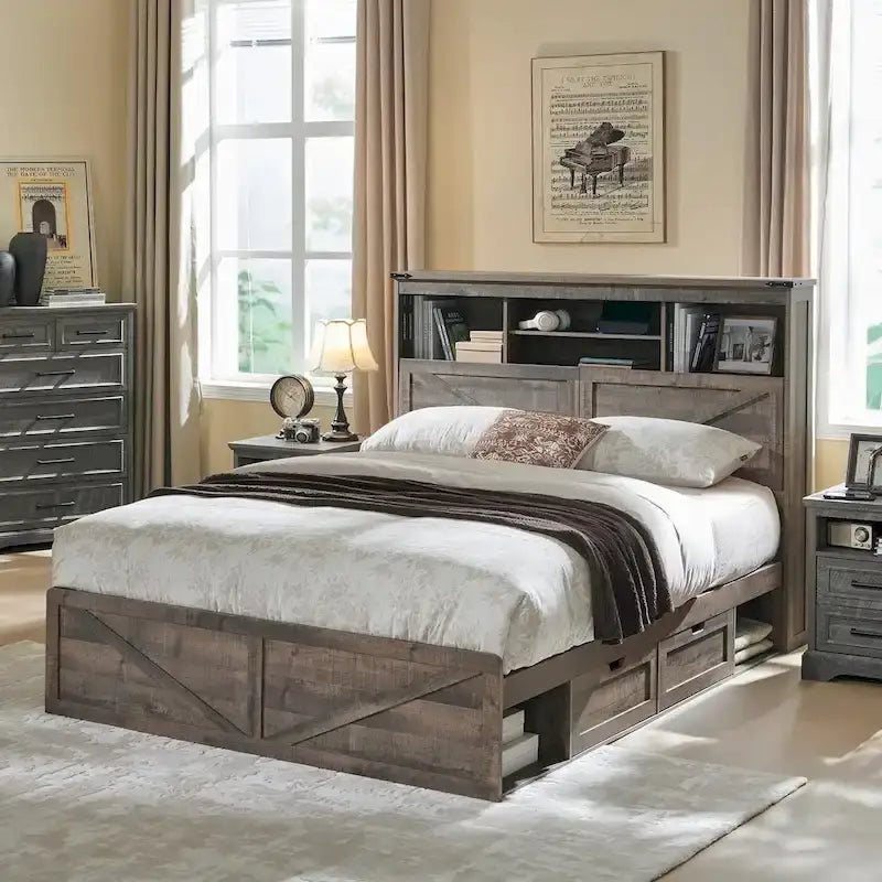 Lit en bois de taille double de style ferme avec tête de lit de rangement et tiroirs