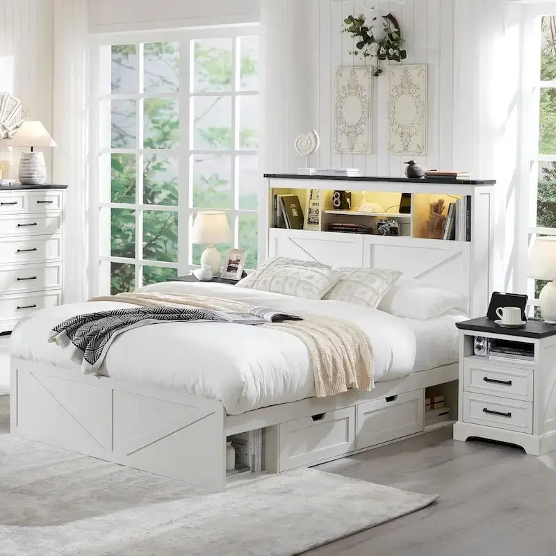 Lit en bois de taille double de style ferme avec tête de lit de rangement et tiroirs