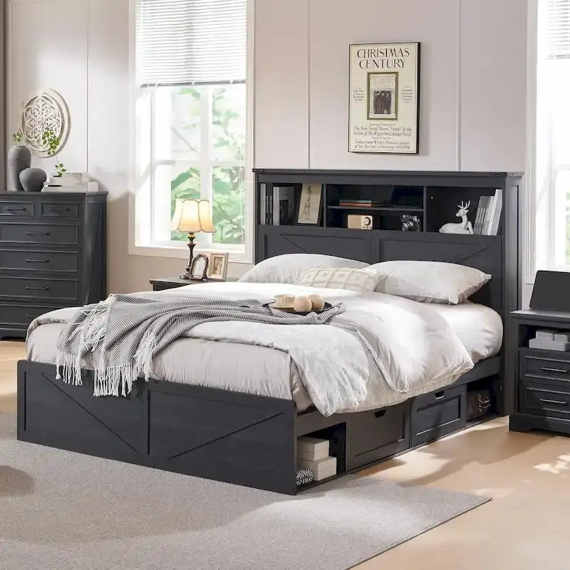 Lit en bois de taille double de style ferme avec tête de lit de rangement et tiroirs