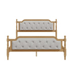 Lit plateforme Queen en bois avec tête de lit capitonnée et design artisanal