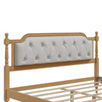 Lit plateforme Queen en bois avec tête de lit capitonnée et design artisanal