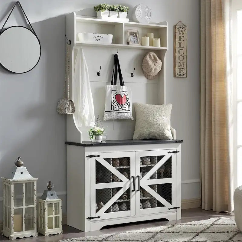 Banc d'entrée de ferme de 42 po de large avec porte-manteau, armoire de vestiaire