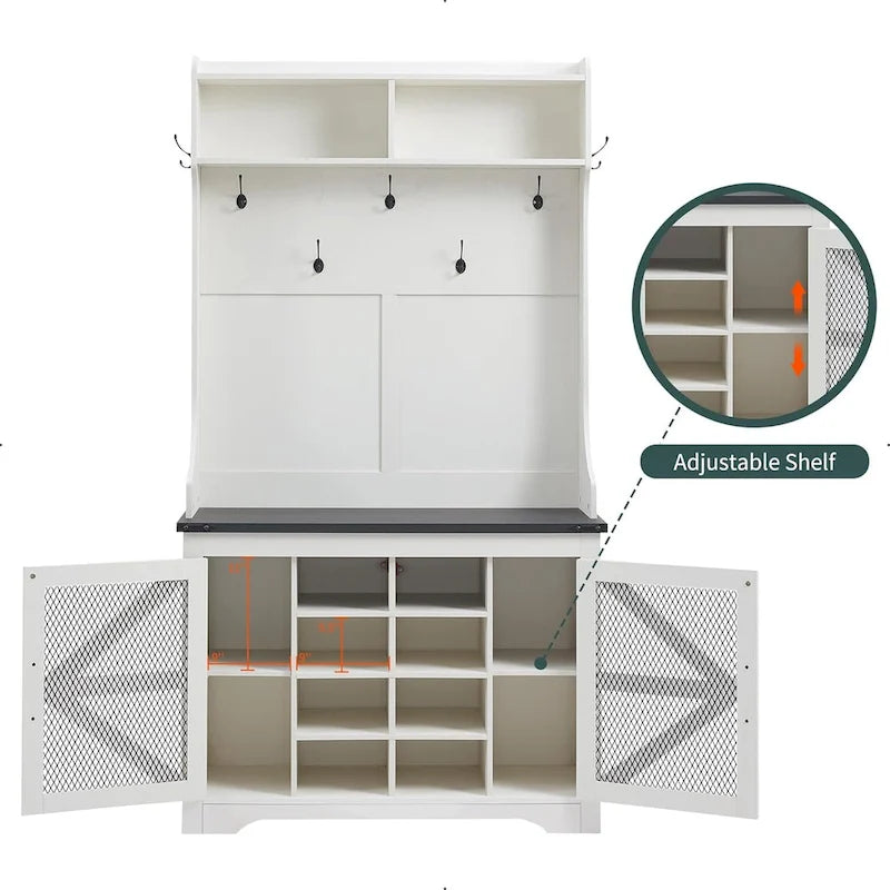Banc d'entrée de ferme de 42 po de large avec porte-manteau, armoire de vestiaire