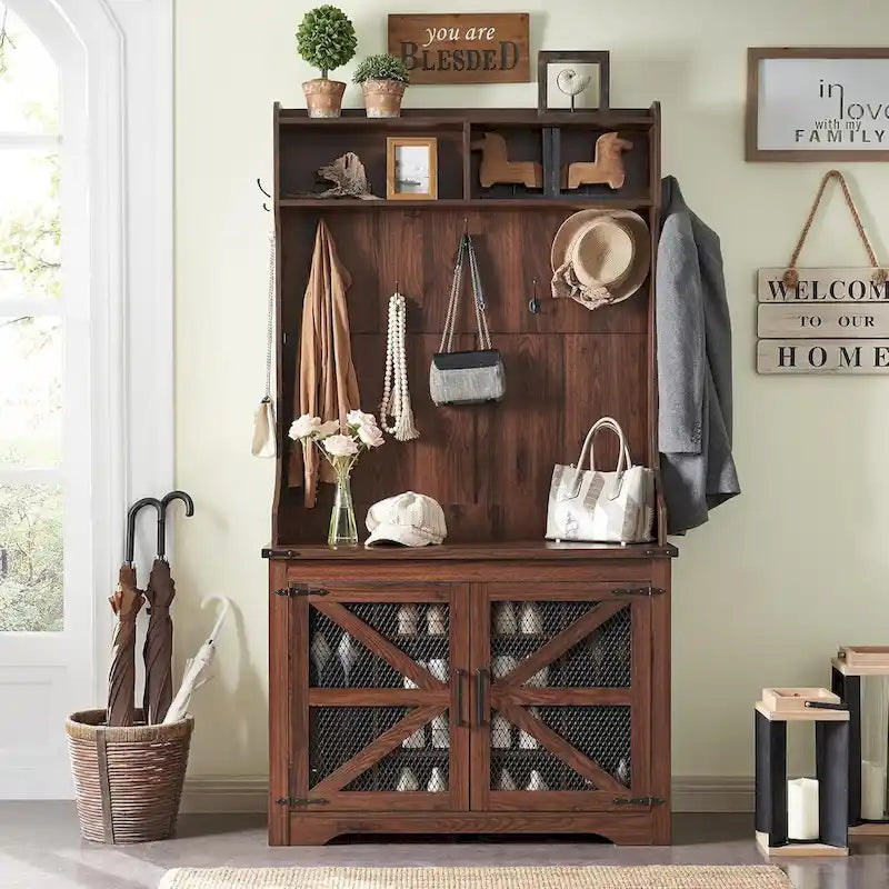 Banc d'entrée de ferme de 42 po de large avec porte-manteau, armoire de vestiaire