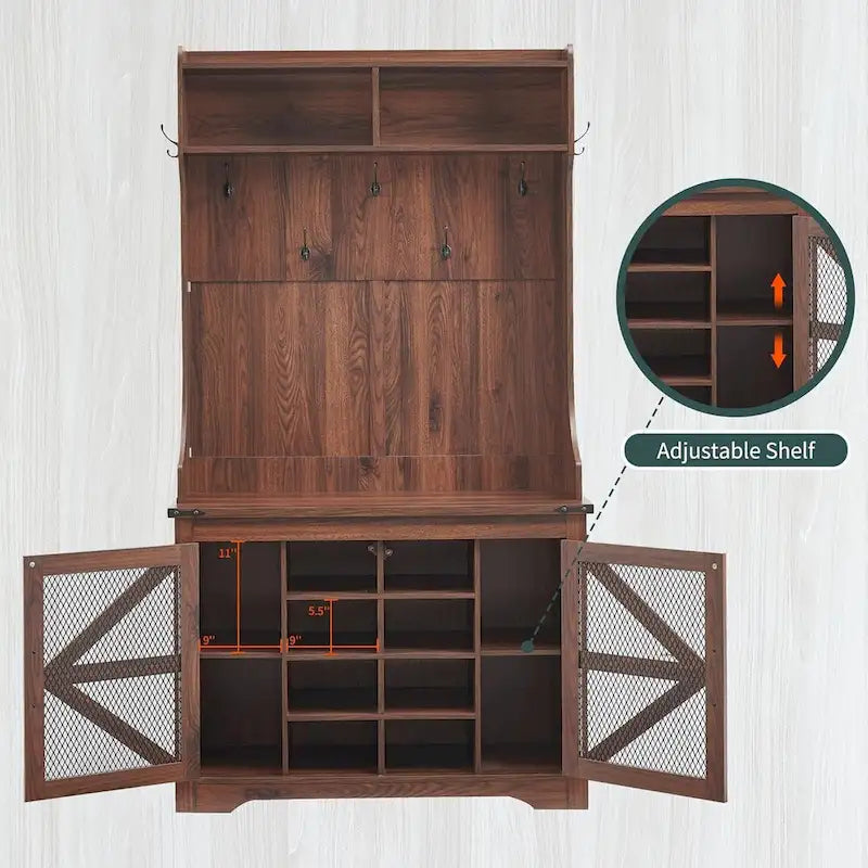 Banc d'entrée de ferme de 42 po de large avec porte-manteau, armoire de vestiaire