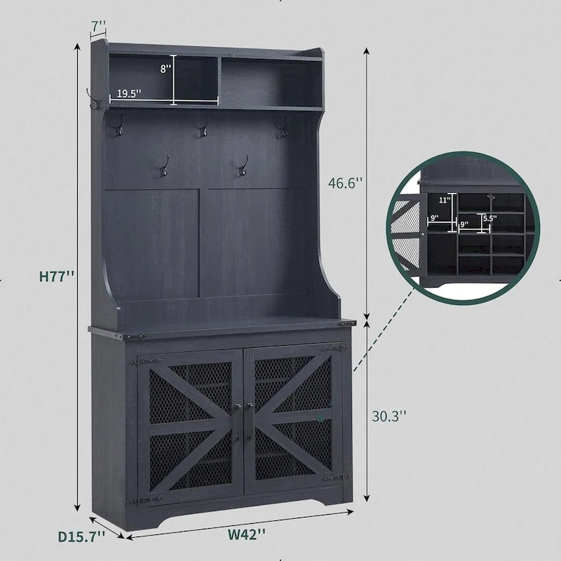 Banc d'entrée de ferme de 42 po de large avec porte-manteau, armoire de vestiaire